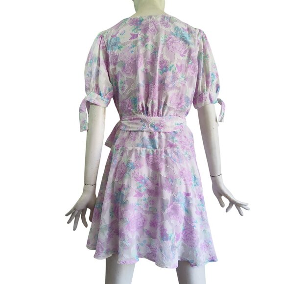 Skies Are Blue Cleo Coquette Puffy Tie Sleeve Floral Jacquard Wrap Dress S NWT - Picture 2 of 14